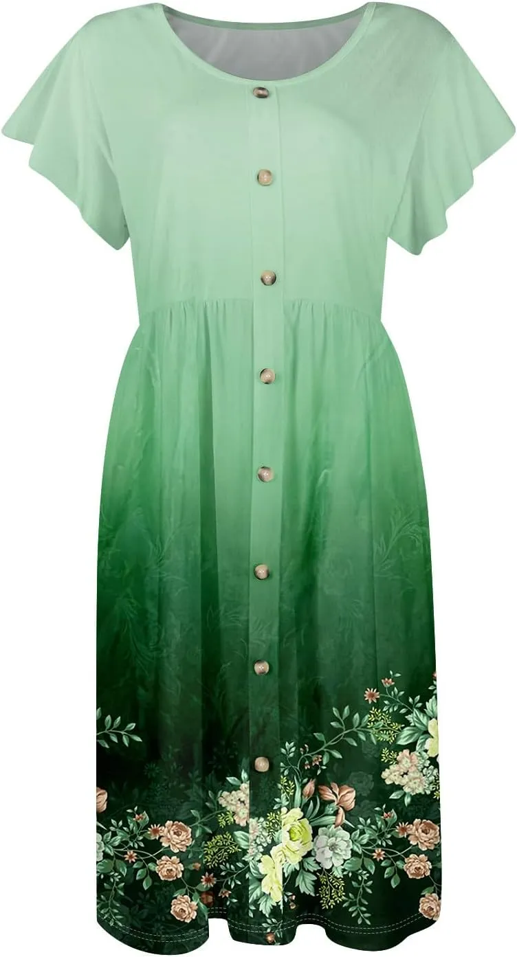 Womens Casual Round Neck 2025 Dresses Fly Sleeve Fashion Printed Sexy Button Pocket Summer Midi Slim Party Dress