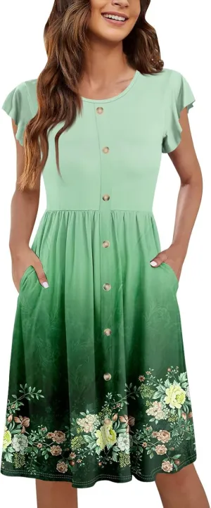 Womens Casual Round Neck 2025 Dresses Fly Sleeve Fashion Printed Sexy Button Pocket Summer Midi Slim Party Dress