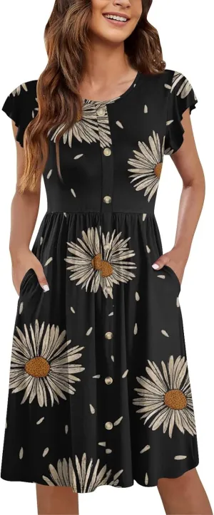 Womens Casual Round Neck 2025 Dresses Fly Sleeve Fashion Printed Sexy Button Pocket Summer Midi Slim Party Dress