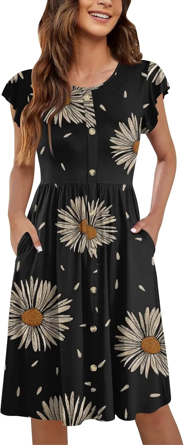 Womens Casual Round Neck 2025 Dresses Fly Sleeve Fashion Printed Sexy Button Pocket Summer Midi Slim Party Dress