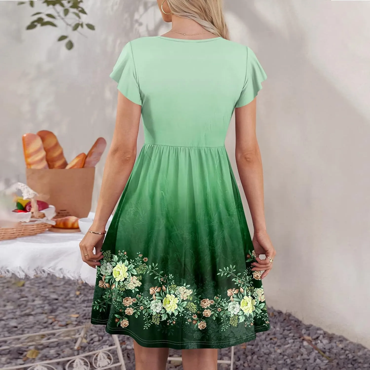 Womens Casual Round Neck 2025 Dresses Fly Sleeve Fashion Printed Sexy Button Pocket Summer Midi Slim Party Dress