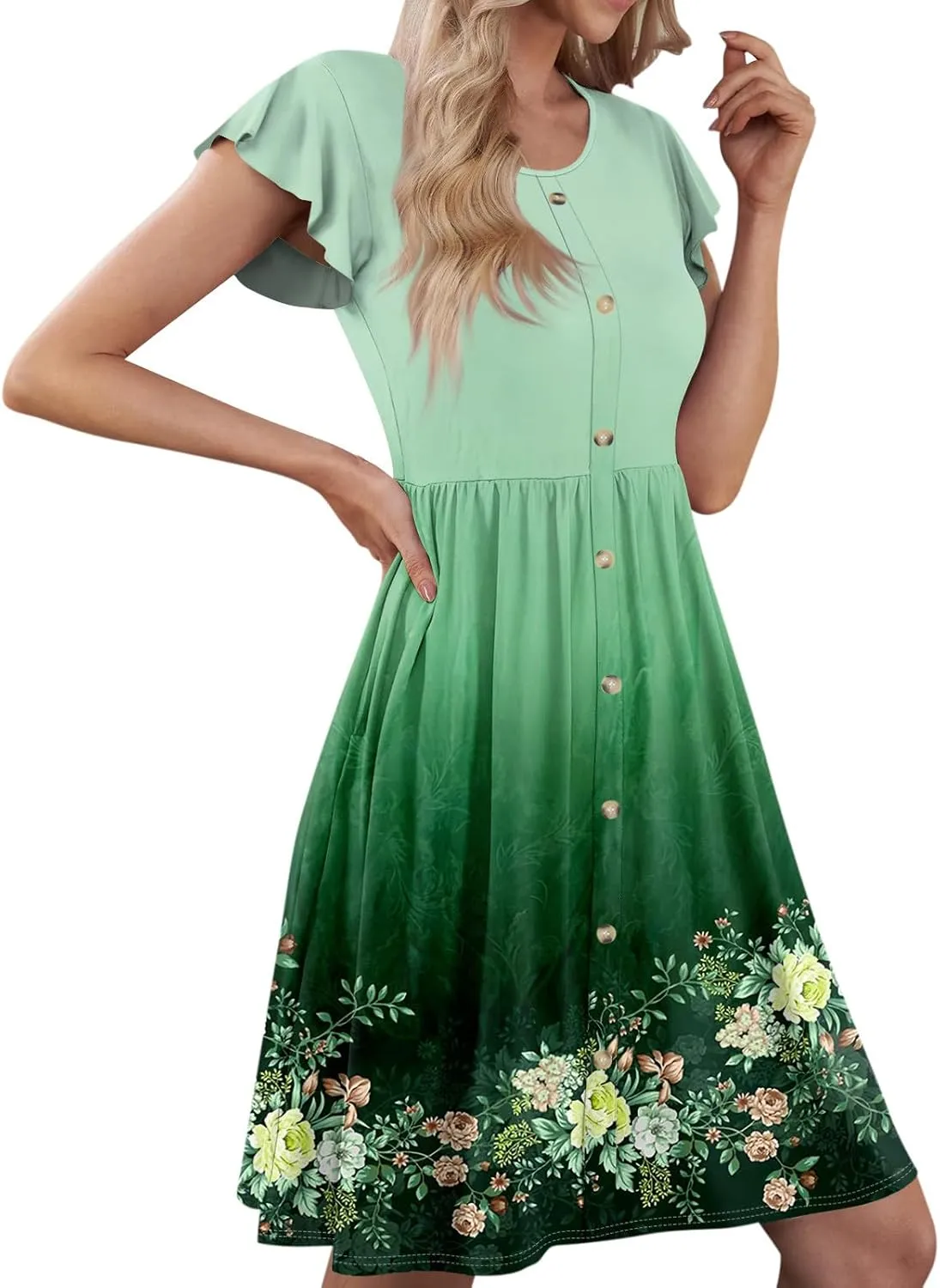 Womens Casual Round Neck 2025 Dresses Fly Sleeve Fashion Printed Sexy Button Pocket Summer Midi Slim Party Dress