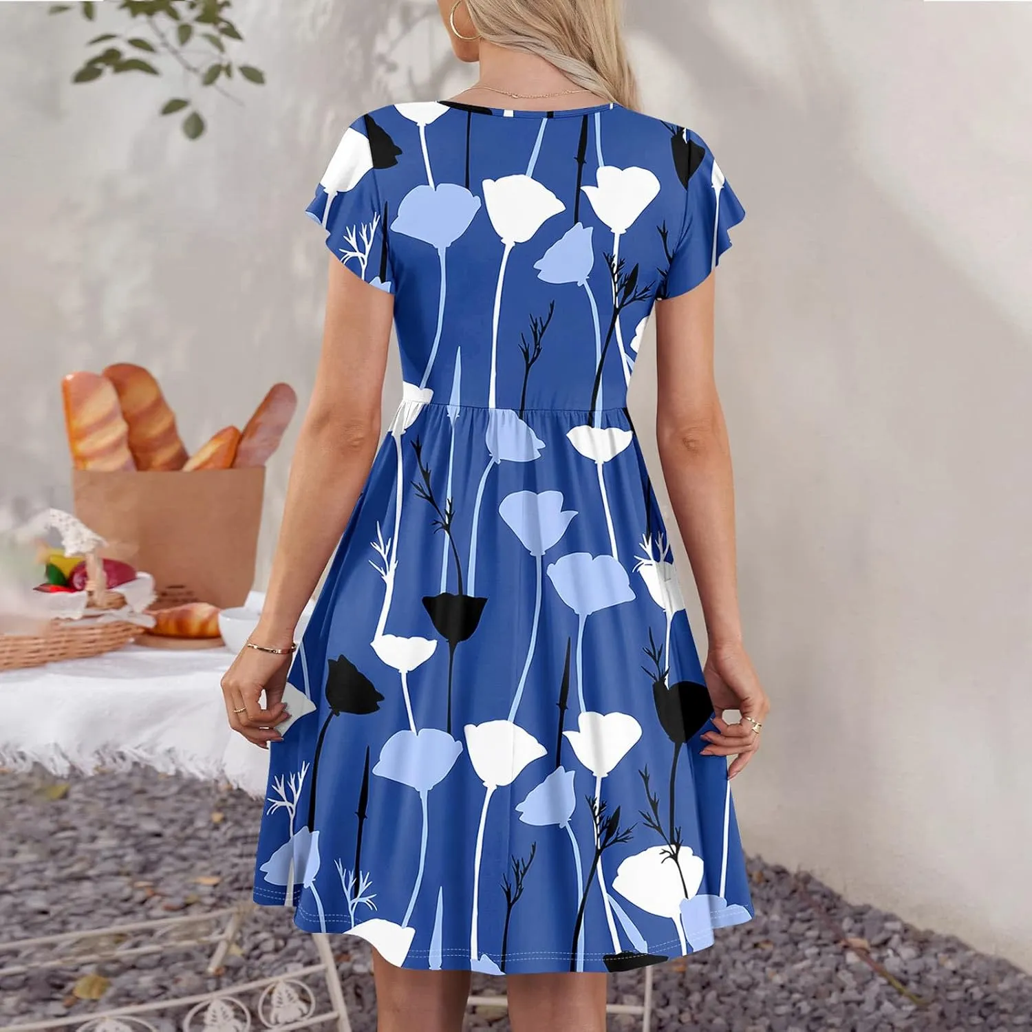 Womens Casual Round Neck 2025 Dresses Fly Sleeve Fashion Printed Sexy Button Pocket Summer Midi Slim Party Dress