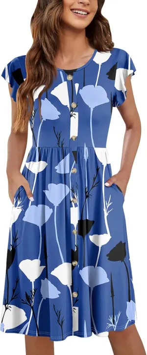 Womens Casual Round Neck 2025 Dresses Fly Sleeve Fashion Printed Sexy Button Pocket Summer Midi Slim Party Dress