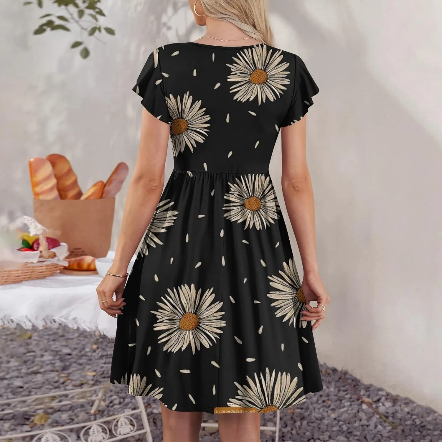Womens Casual Round Neck 2025 Dresses Fly Sleeve Fashion Printed Sexy Button Pocket Summer Midi Slim Party Dress