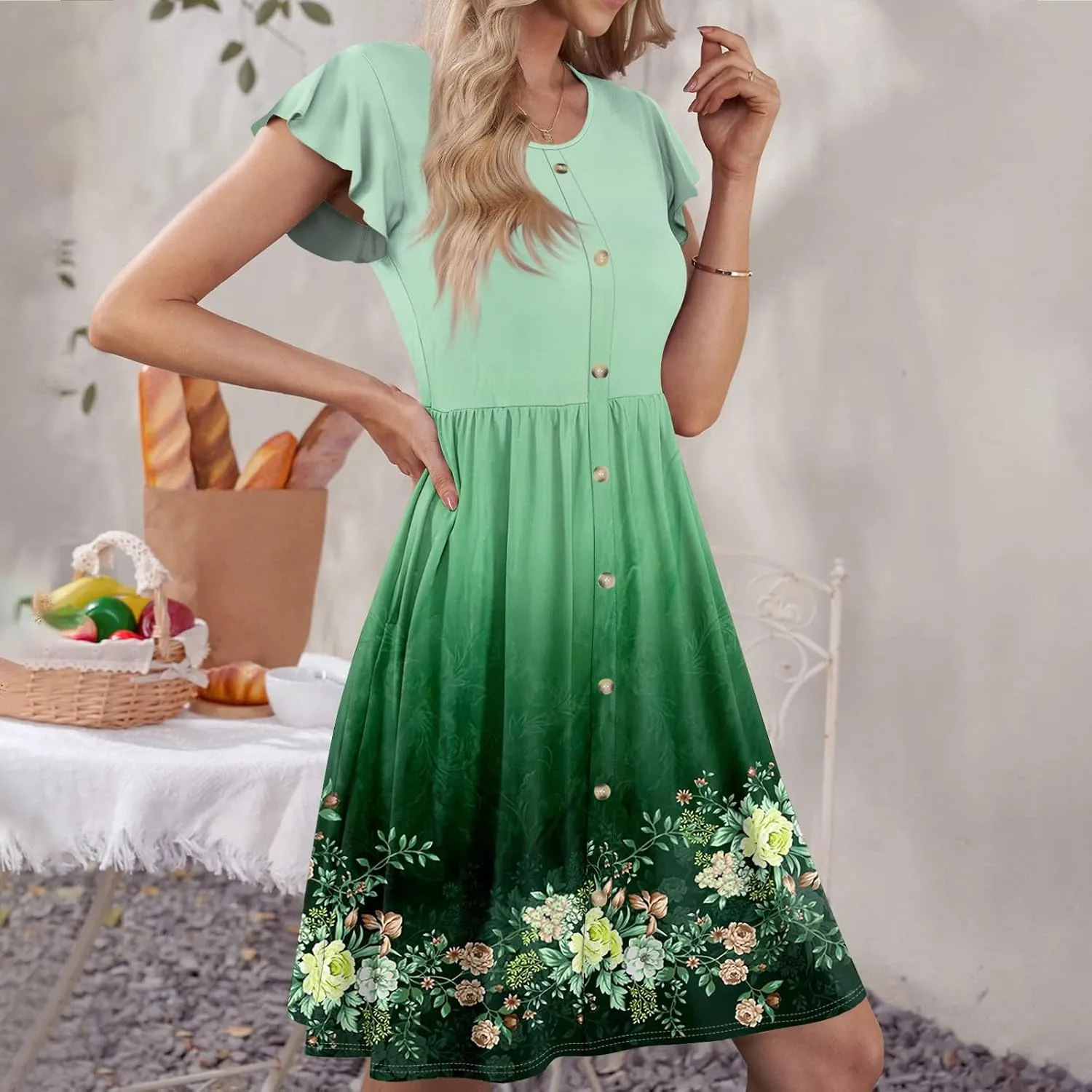 Womens Casual Round Neck 2025 Dresses Fly Sleeve Fashion Printed Sexy Button Pocket Summer Midi Slim Party Dress