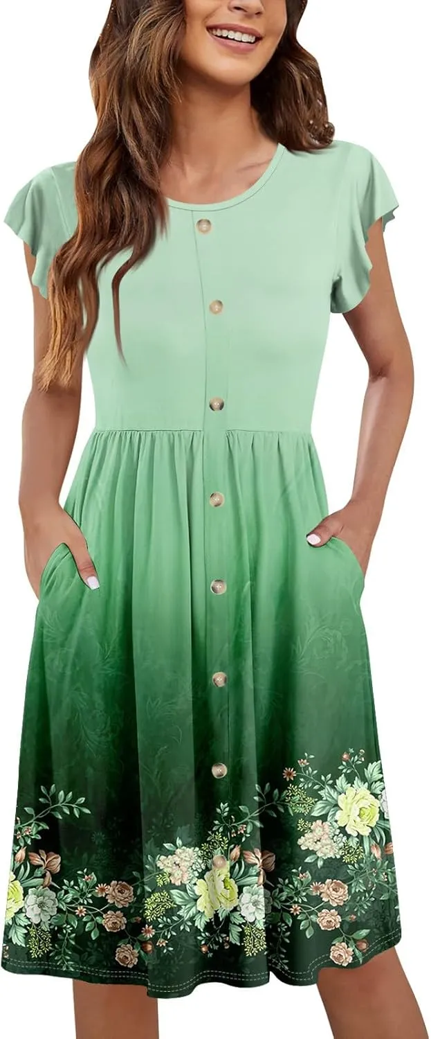 Womens Casual Round Neck 2025 Dresses Fly Sleeve Fashion Printed Sexy Button Pocket Summer Midi Slim Party Dress