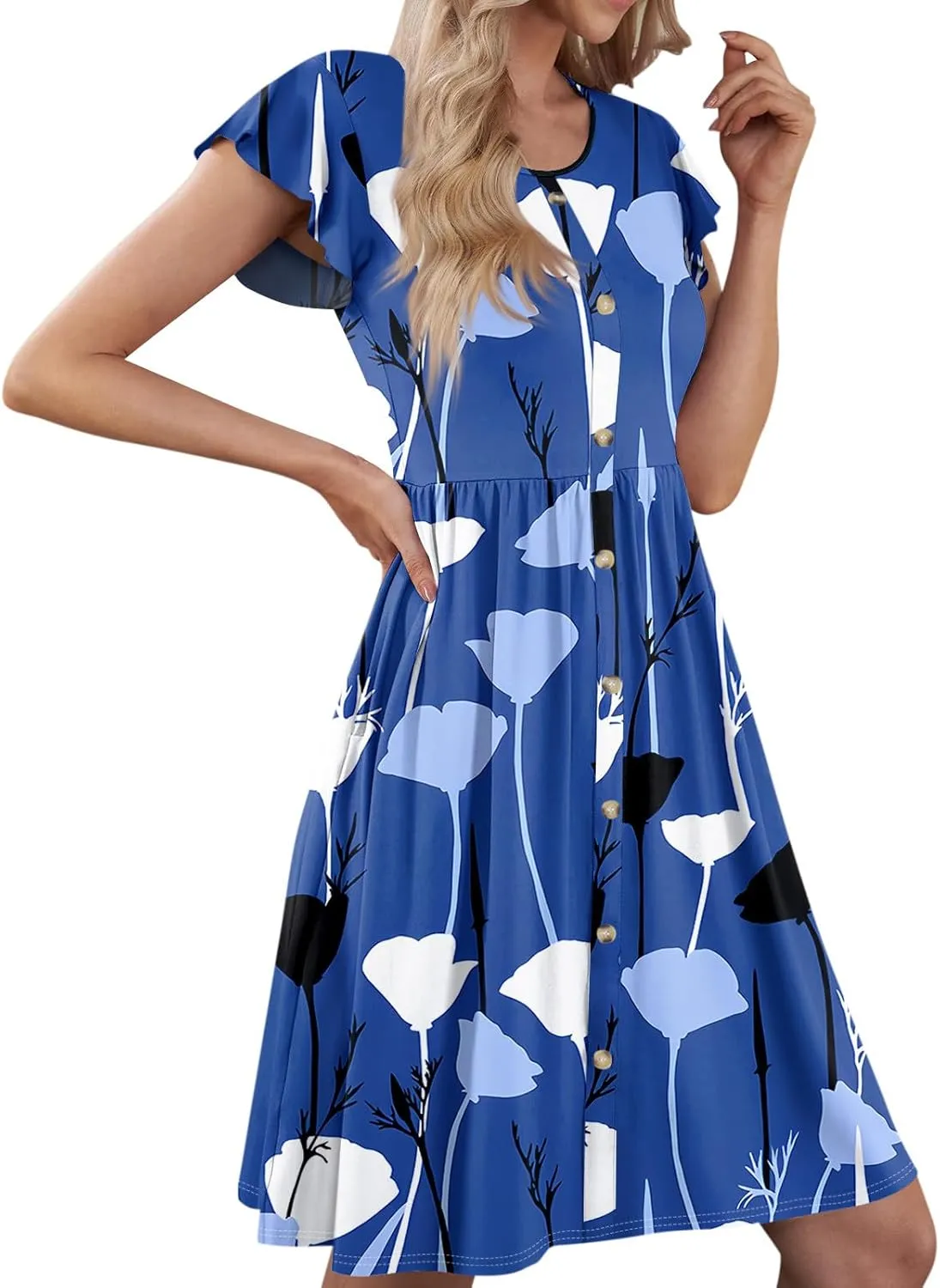Womens Casual Round Neck 2025 Dresses Fly Sleeve Fashion Printed Sexy Button Pocket Summer Midi Slim Party Dress