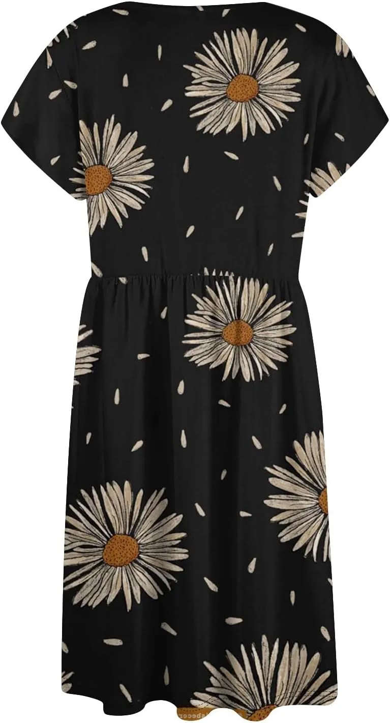 Womens Casual Round Neck 2025 Dresses Fly Sleeve Fashion Printed Sexy Button Pocket Summer Midi Slim Party Dress