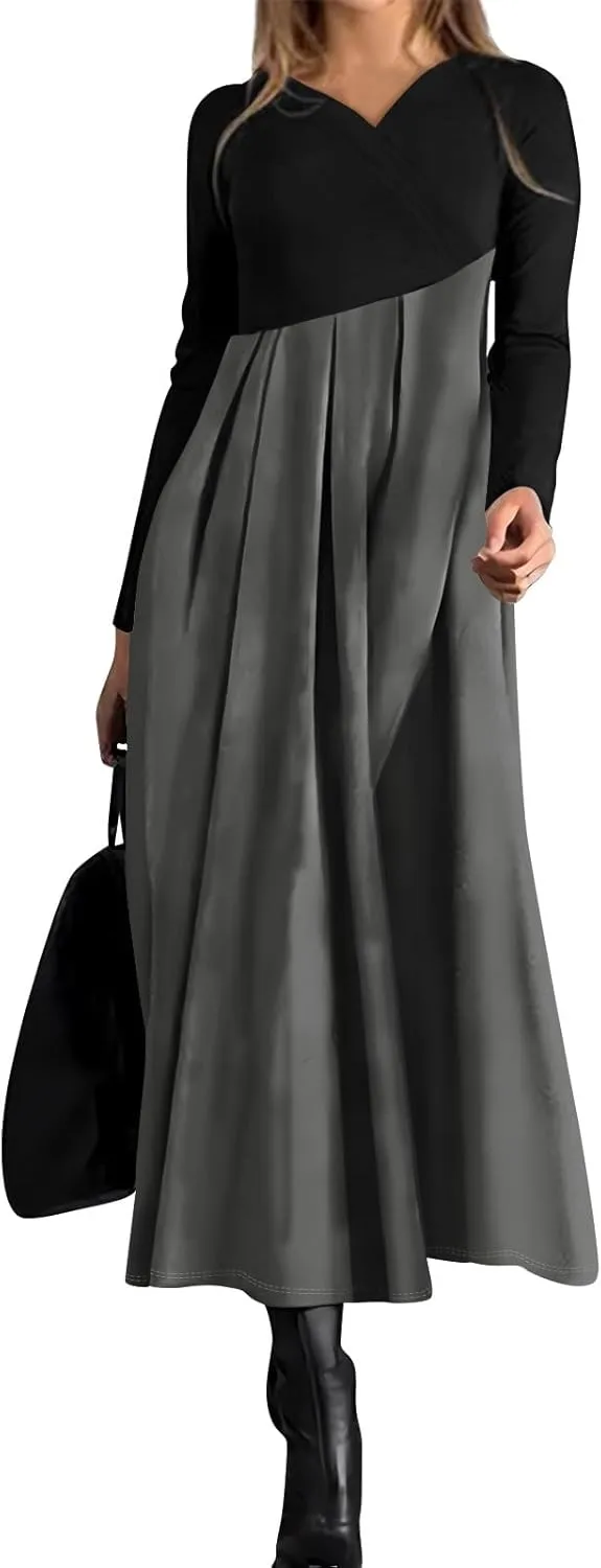 Women's Comfy Chic Plain Color Long Dress V Neck Long Sleeve Cute Spring Dresses