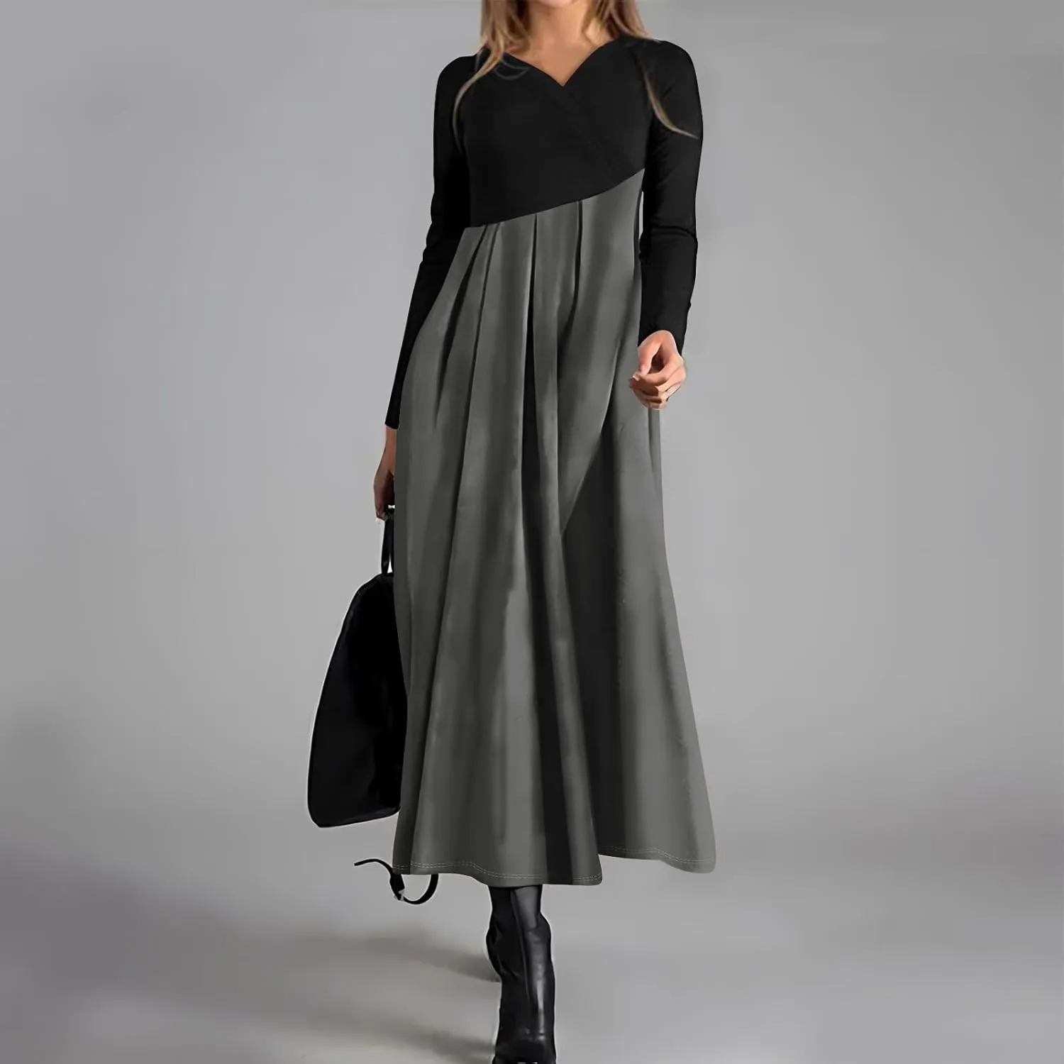 Women's Comfy Chic Plain Color Long Dress V Neck Long Sleeve Cute Spring Dresses