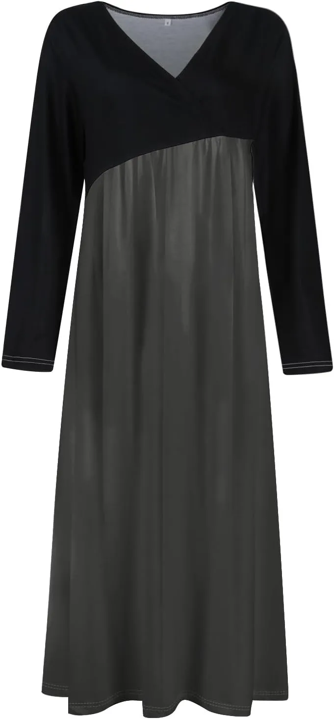 Women's Comfy Chic Plain Color Long Dress V Neck Long Sleeve Cute Spring Dresses