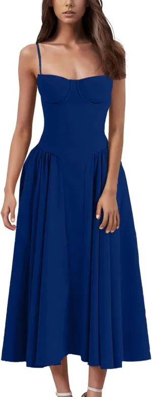 Womens Corset Dress Elegant Spaghetti Strap Bustier Midi Dresses Flowy Pleated Hem Low Cut Prom Skirts with Pockets