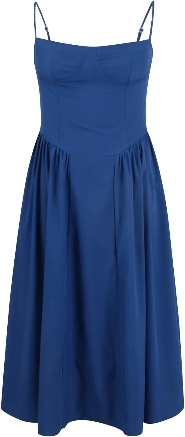Womens Corset Dress Elegant Spaghetti Strap Bustier Midi Dresses Flowy Pleated Hem Low Cut Prom Skirts with Pockets