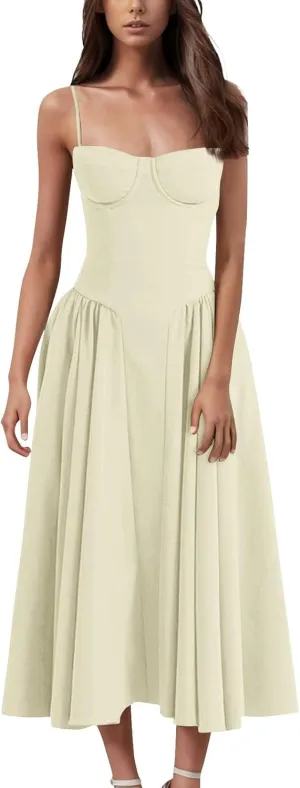 Women's Corset Dress Spaghetti Strap Bustier Midi Dress Low Cut Flowy Pleated Hem Summer Party Dresses with Pockets