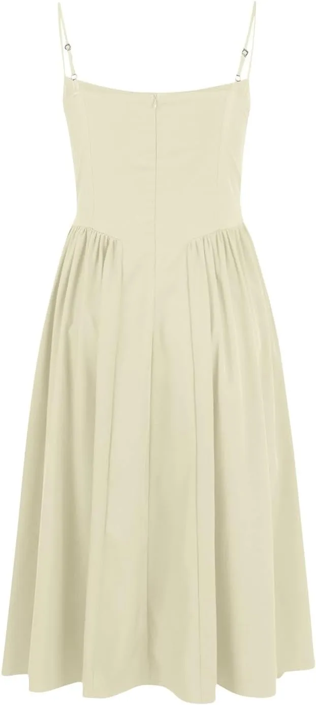 Women's Corset Dress Spaghetti Strap Bustier Midi Dress Low Cut Flowy Pleated Hem Summer Party Dresses with Pockets