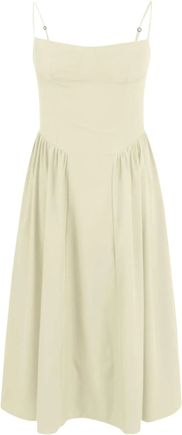 Women's Corset Dress Spaghetti Strap Bustier Midi Dress Low Cut Flowy Pleated Hem Summer Party Dresses with Pockets