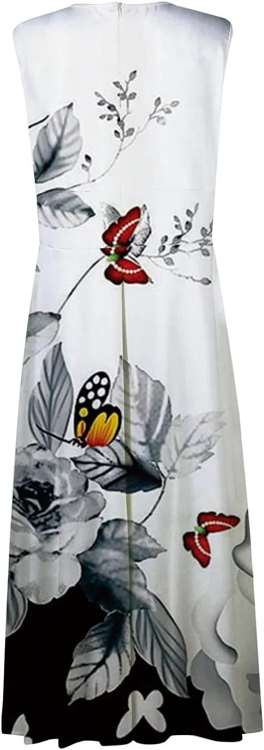 Womens Dresses Floral Print Wrap V Neck Sundresses Flowy Ruched Sleeveless Boho Dress Spring Beach Dress