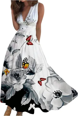Womens Dresses Floral Print Wrap V Neck Sundresses Flowy Ruched Sleeveless Boho Dress Spring Beach Dress