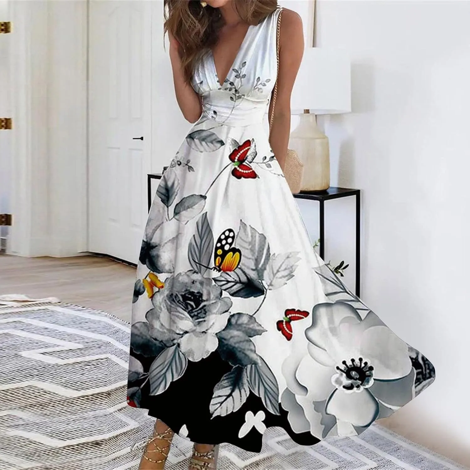 Womens Dresses Floral Print Wrap V Neck Sundresses Flowy Ruched Sleeveless Boho Dress Spring Beach Dress