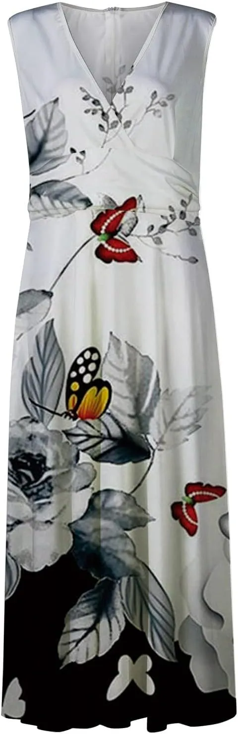 Womens Dresses Floral Print Wrap V Neck Sundresses Flowy Ruched Sleeveless Boho Dress Spring Beach Dress
