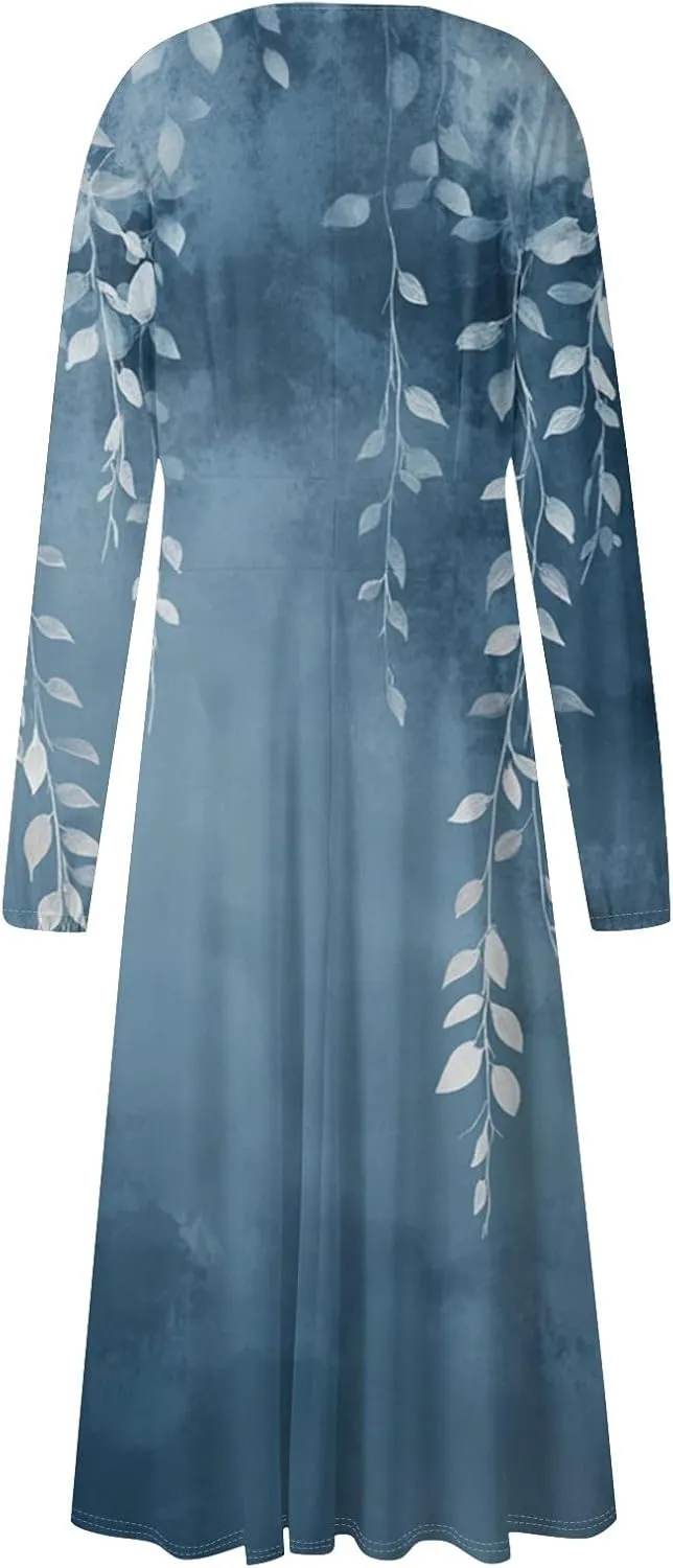 Womens Dresses Spring 2025 Long Sleeve V Neck A-Line Dress Trendy Cruise Wear Classy Outfits Casual Boho Clothes