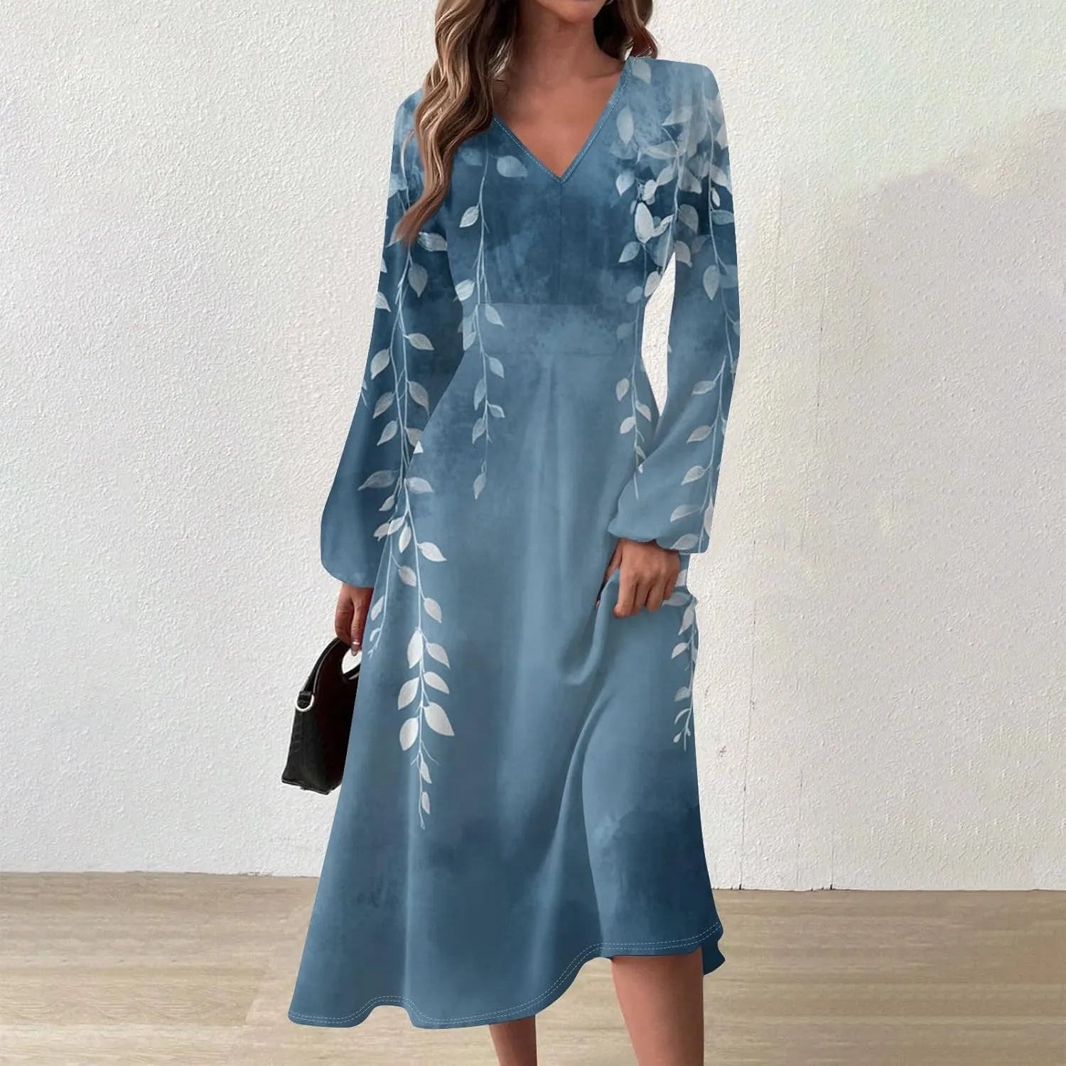 Womens Dresses Spring 2025 Long Sleeve V Neck A-Line Dress Trendy Cruise Wear Classy Outfits Casual Boho Clothes