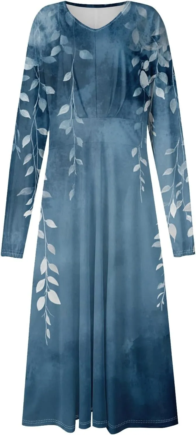 Womens Dresses Spring 2025 Long Sleeve V Neck A-Line Dress Trendy Cruise Wear Classy Outfits Casual Boho Clothes