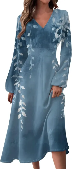 Womens Dresses Spring 2025 Long Sleeve V Neck A-Line Dress Trendy Cruise Wear Classy Outfits Casual Boho Clothes