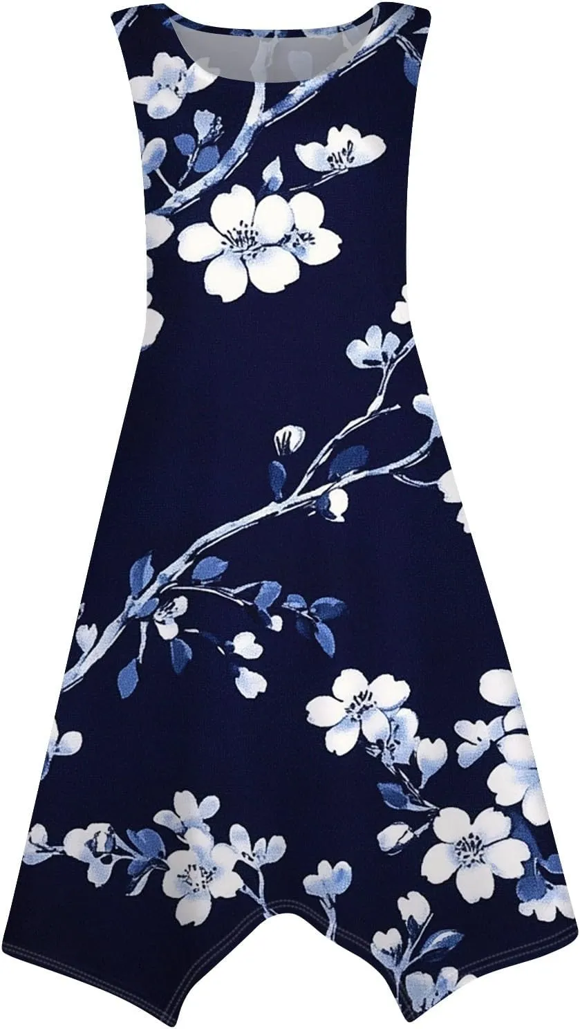 Womens Dresses Spring Sleeveless Pretty Flowy Crewneck Beautiful Party Loose Short Dress