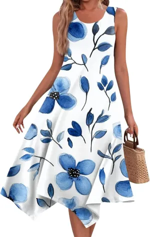 Womens Dresses Spring Sleeveless Pretty Flowy Crewneck Beautiful Party Loose Short Dress