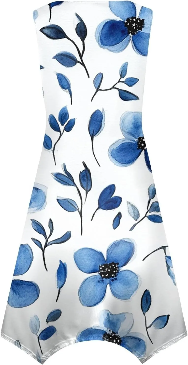 Womens Dresses Spring Sleeveless Pretty Flowy Crewneck Beautiful Party Loose Short Dress