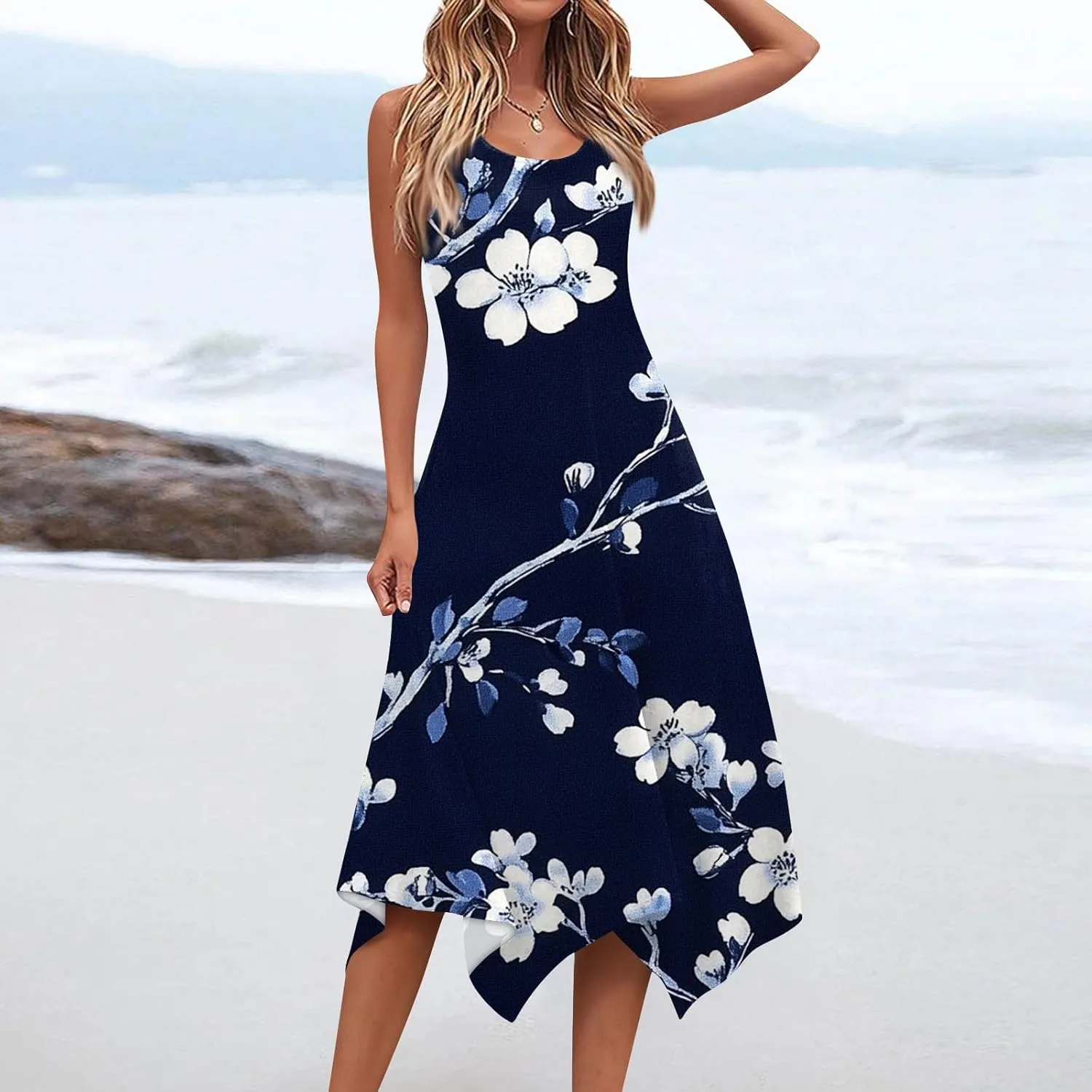 Womens Dresses Spring Sleeveless Pretty Flowy Crewneck Beautiful Party Loose Short Dress