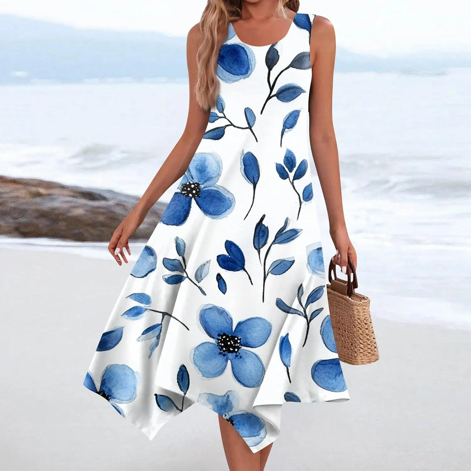 Womens Dresses Spring Sleeveless Pretty Flowy Crewneck Beautiful Party Loose Short Dress