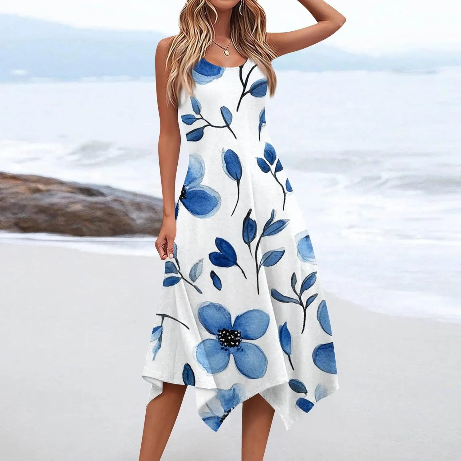 Womens Dresses Spring Sleeveless Pretty Flowy Crewneck Beautiful Party Loose Short Dress