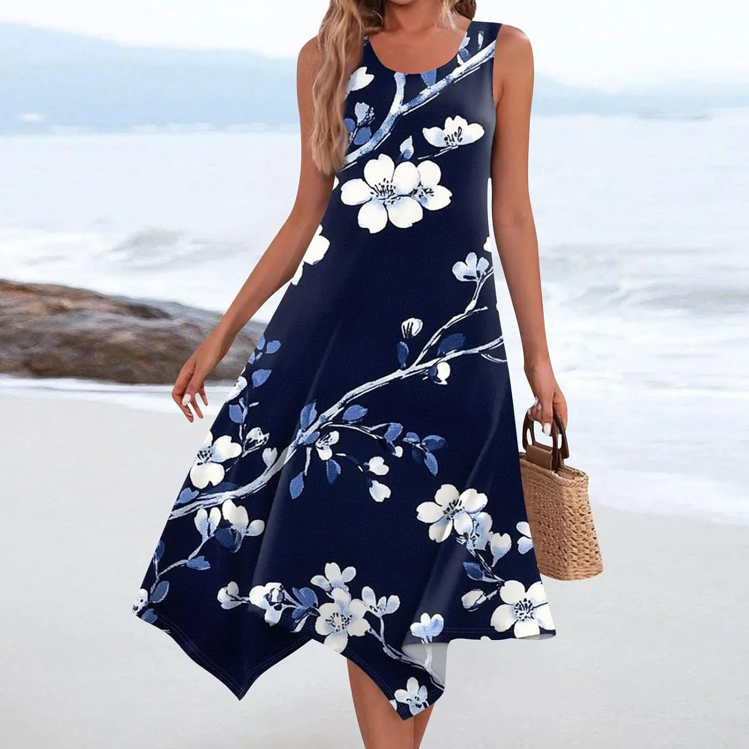 Womens Dresses Spring Sleeveless Pretty Flowy Crewneck Beautiful Party Loose Short Dress