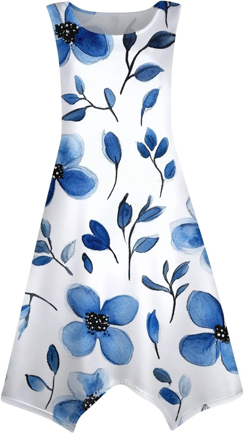 Womens Dresses Spring Sleeveless Pretty Flowy Crewneck Beautiful Party Loose Short Dress