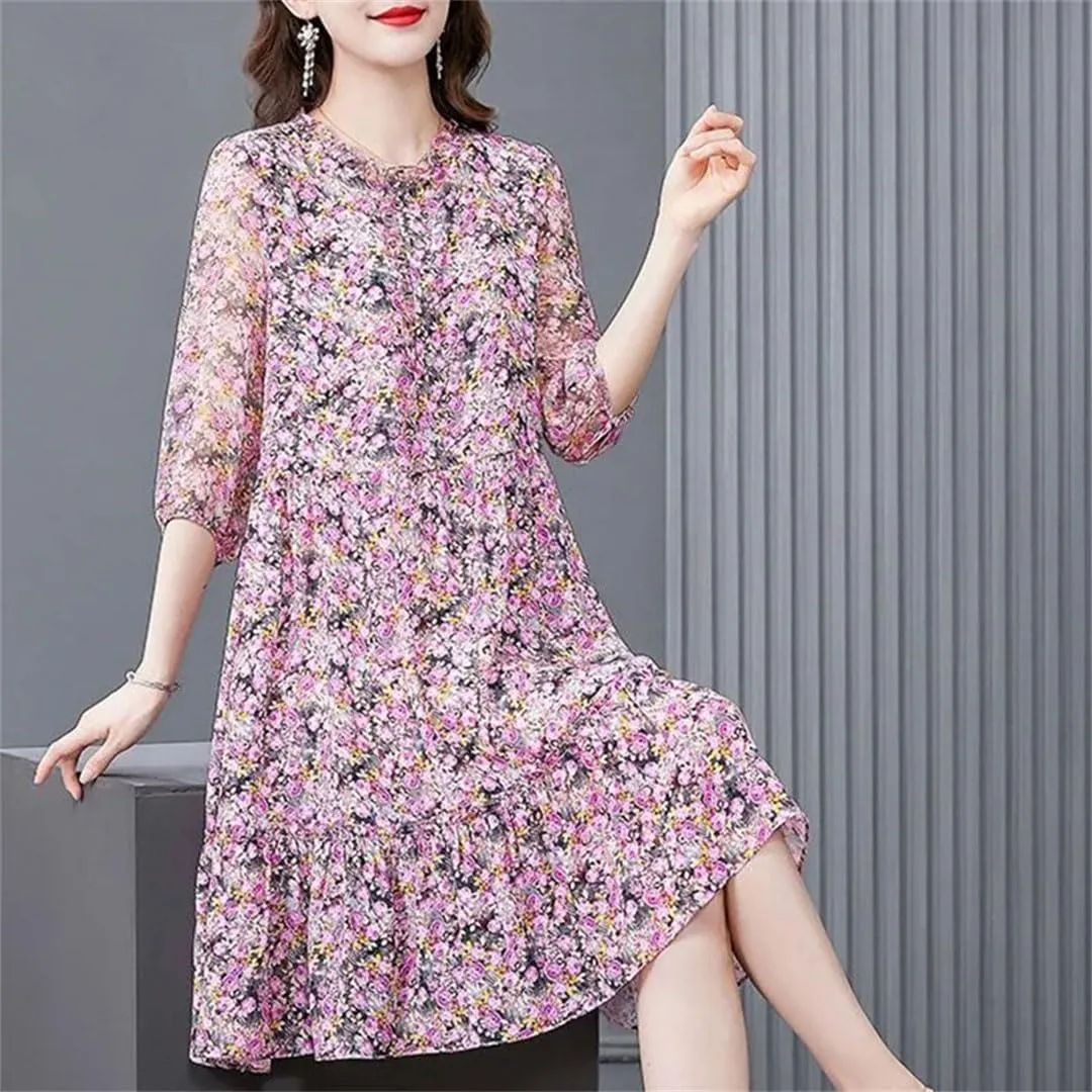 Women's Elegant Printed Spliced Loose Ruffles Mini Dress Summer Half Sleeve Office Lady Floral Dress