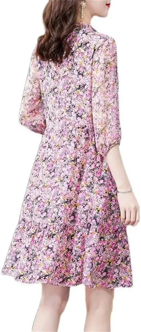 Women's Elegant Printed Spliced Loose Ruffles Mini Dress Summer Half Sleeve Office Lady Floral Dress