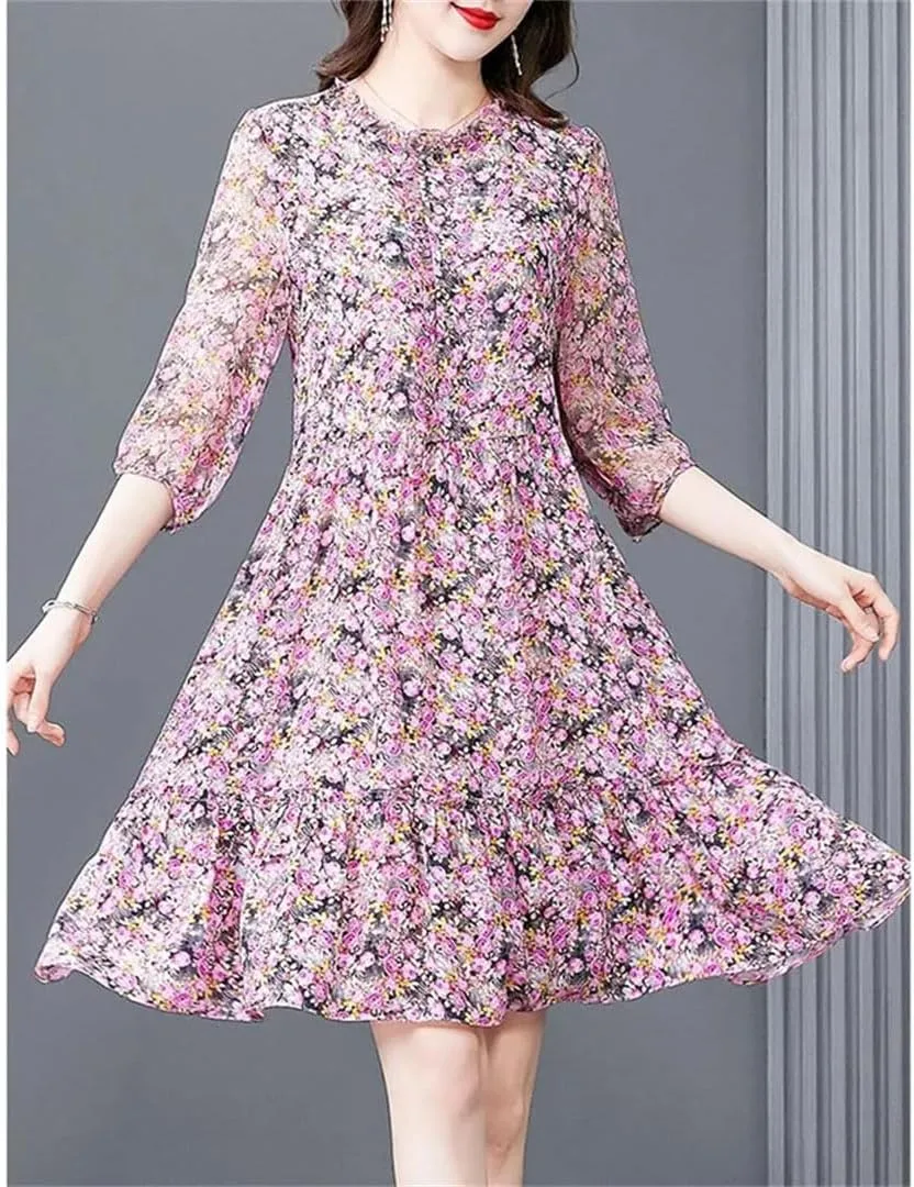 Women's Elegant Printed Spliced Loose Ruffles Mini Dress Summer Half Sleeve Office Lady Floral Dress
