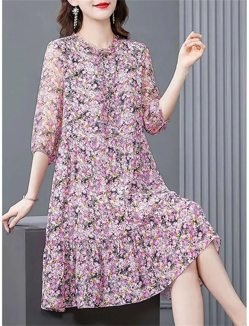 Women's Elegant Printed Spliced Loose Ruffles Mini Dress Summer Half Sleeve Office Lady Floral Dress