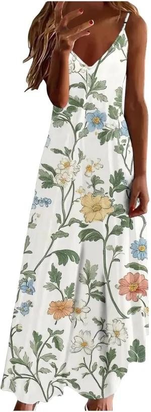 Womens Floral Sundresses Spaghetti Strap Summer Dresses Sleeveless V Neck Maxi Dress Sexy A Line Beach Cami Dress