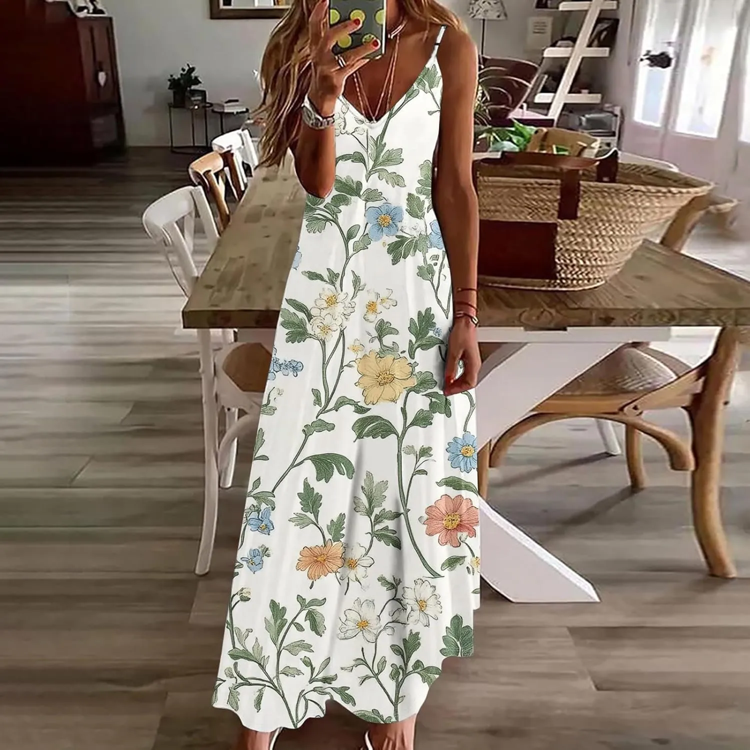 Womens Floral Sundresses Spaghetti Strap Summer Dresses Sleeveless V Neck Maxi Dress Sexy A Line Beach Cami Dress