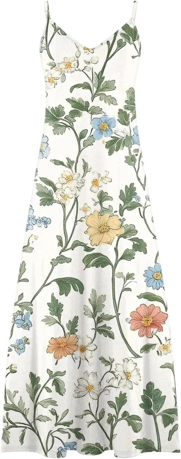 Womens Floral Sundresses Spaghetti Strap Summer Dresses Sleeveless V Neck Maxi Dress Sexy A Line Beach Cami Dress