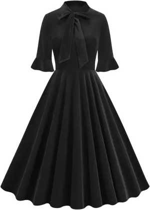 Women's Formal Velvet Ruffle Pleated Tie Neck Wrap Evening Cocktail Party Dress Dressy Short Sleeve Flowy Midi Dress