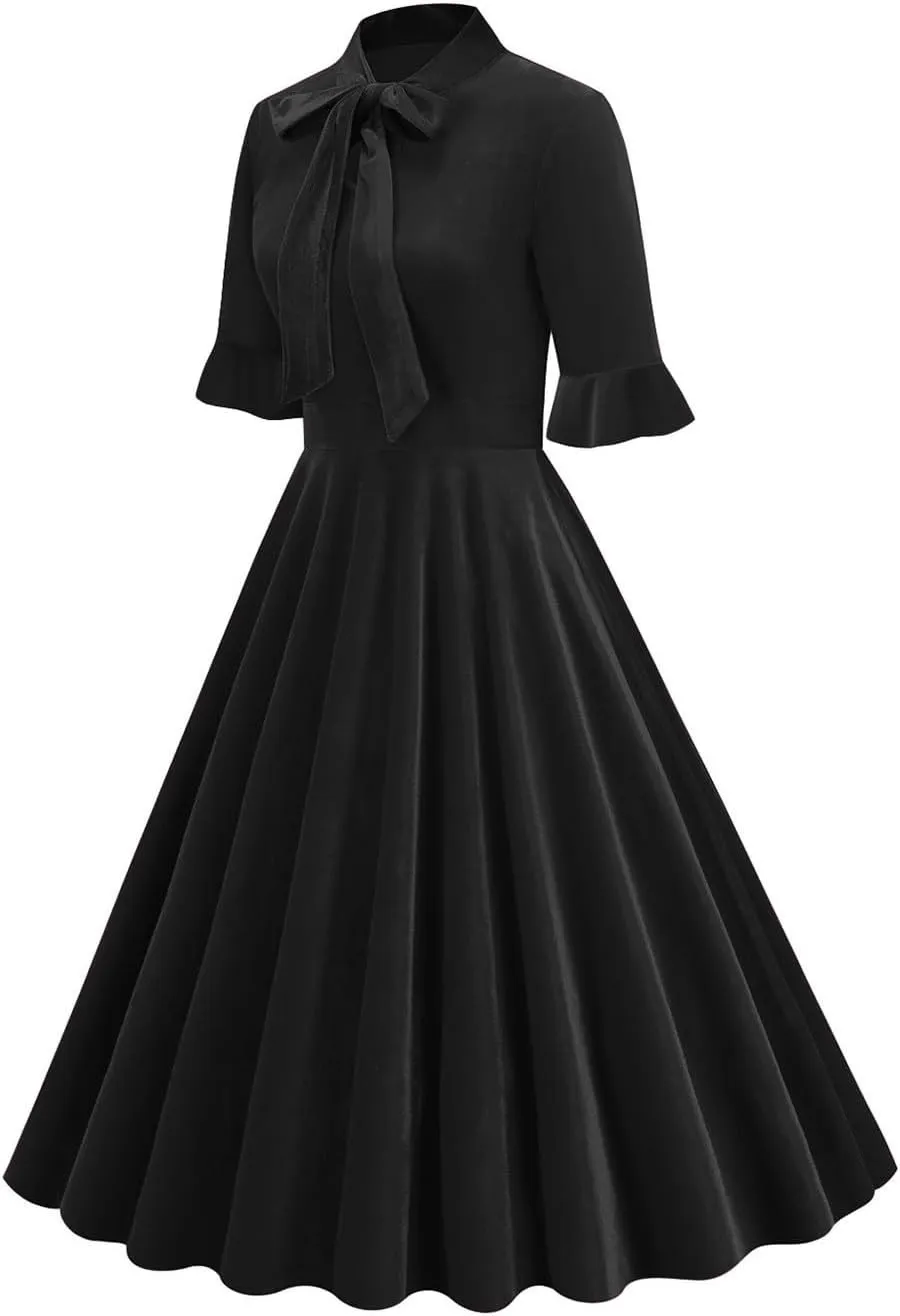 Women's Formal Velvet Ruffle Pleated Tie Neck Wrap Evening Cocktail Party Dress Dressy Short Sleeve Flowy Midi Dress