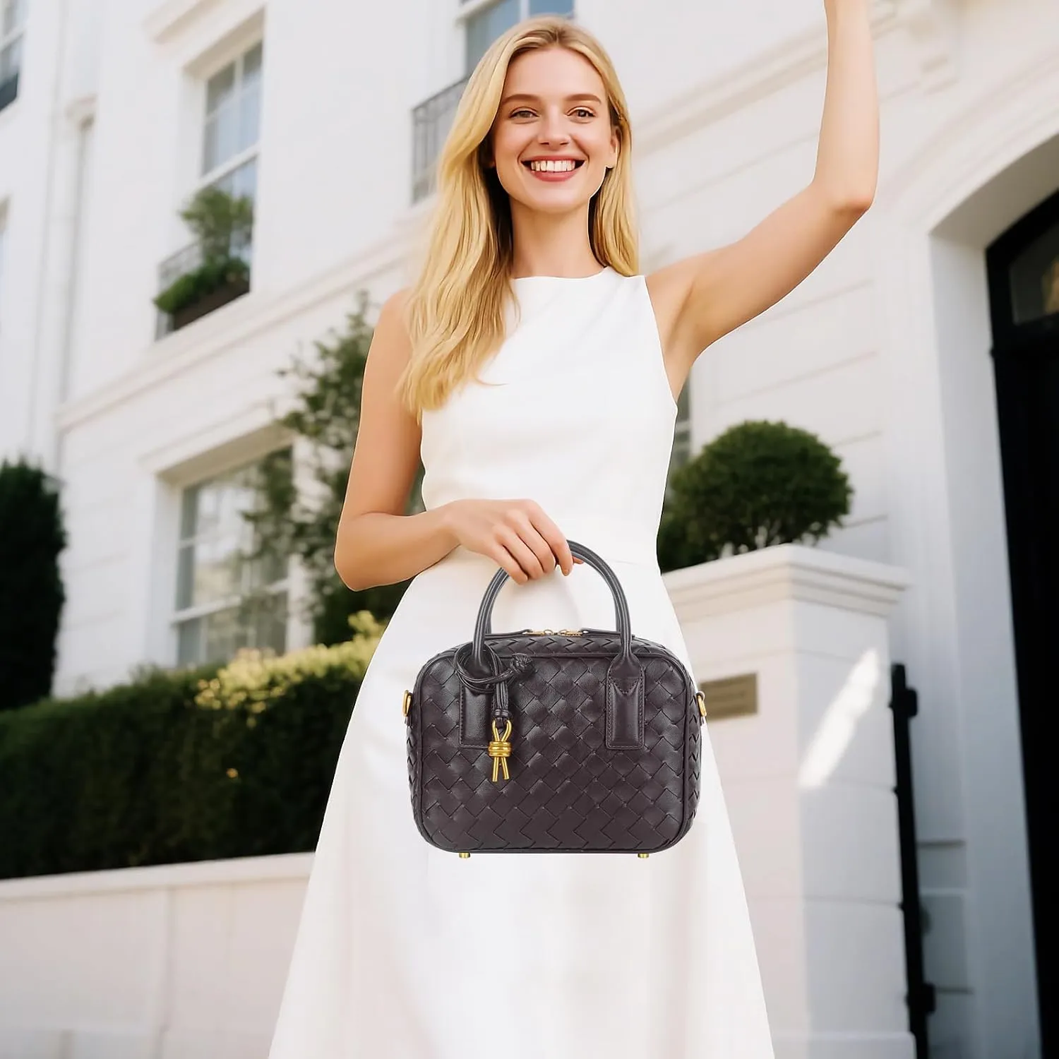 Women's Handmade Woven Top-handle Bag Fashion Leather Shoulder Handbag Crossbody Purse Woven Purse for Women