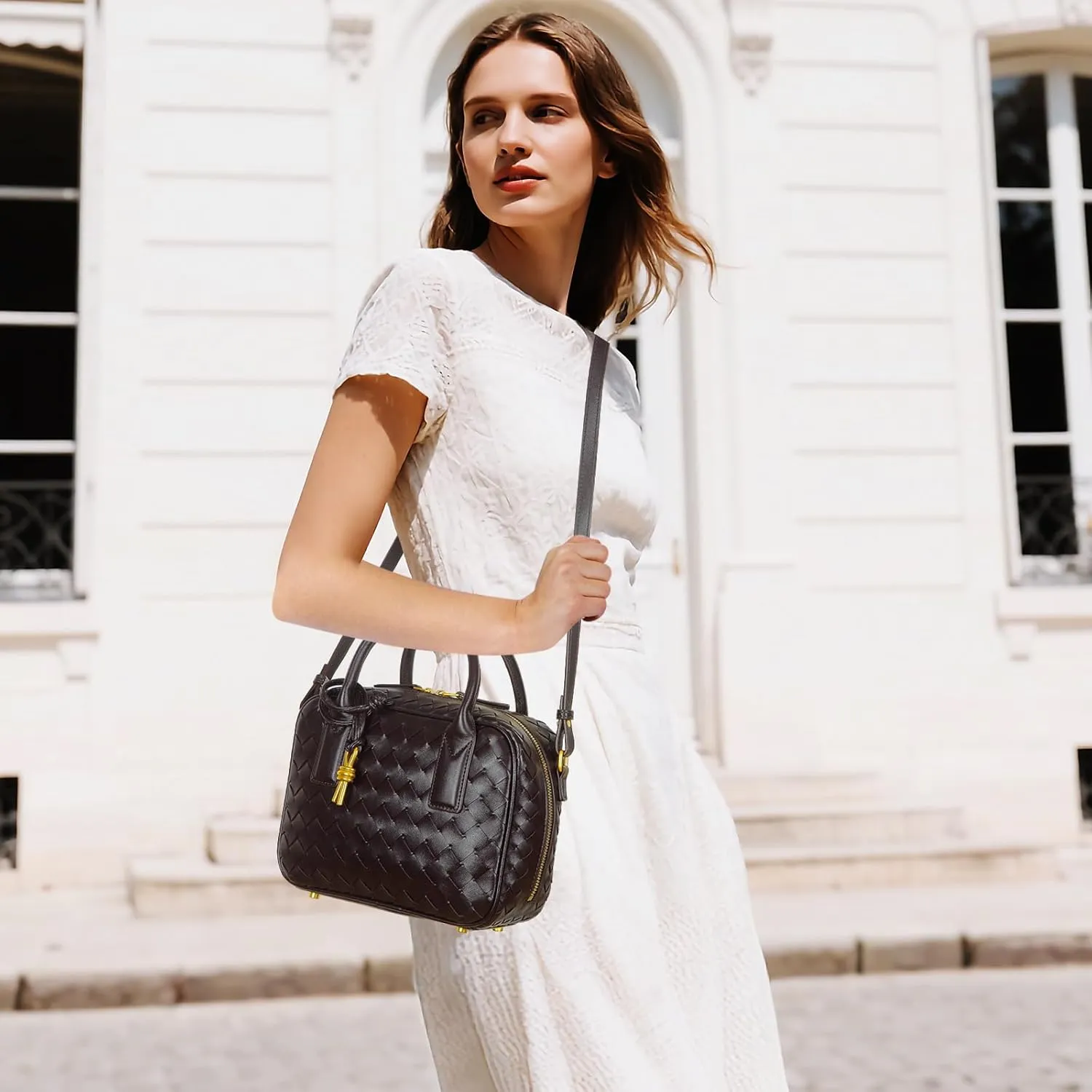 Women's Handmade Woven Top-handle Bag Fashion Leather Shoulder Handbag Crossbody Purse Woven Purse for Women