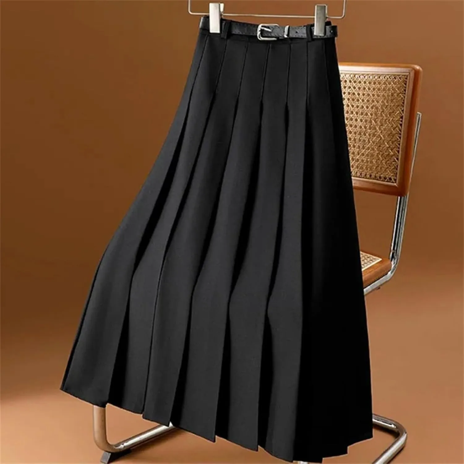 Women's High Waist A-Line Pleated Skirt - with Belt Midi Length Versatile for Office Casual Wear
