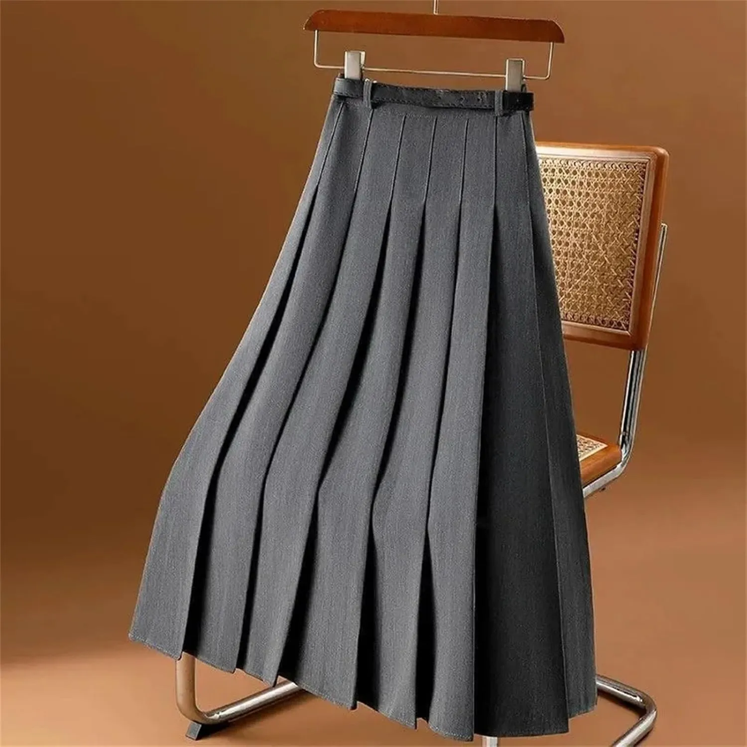 Women's High Waist A-Line Pleated Skirt - with Belt Midi Length Versatile for Office Casual Wear